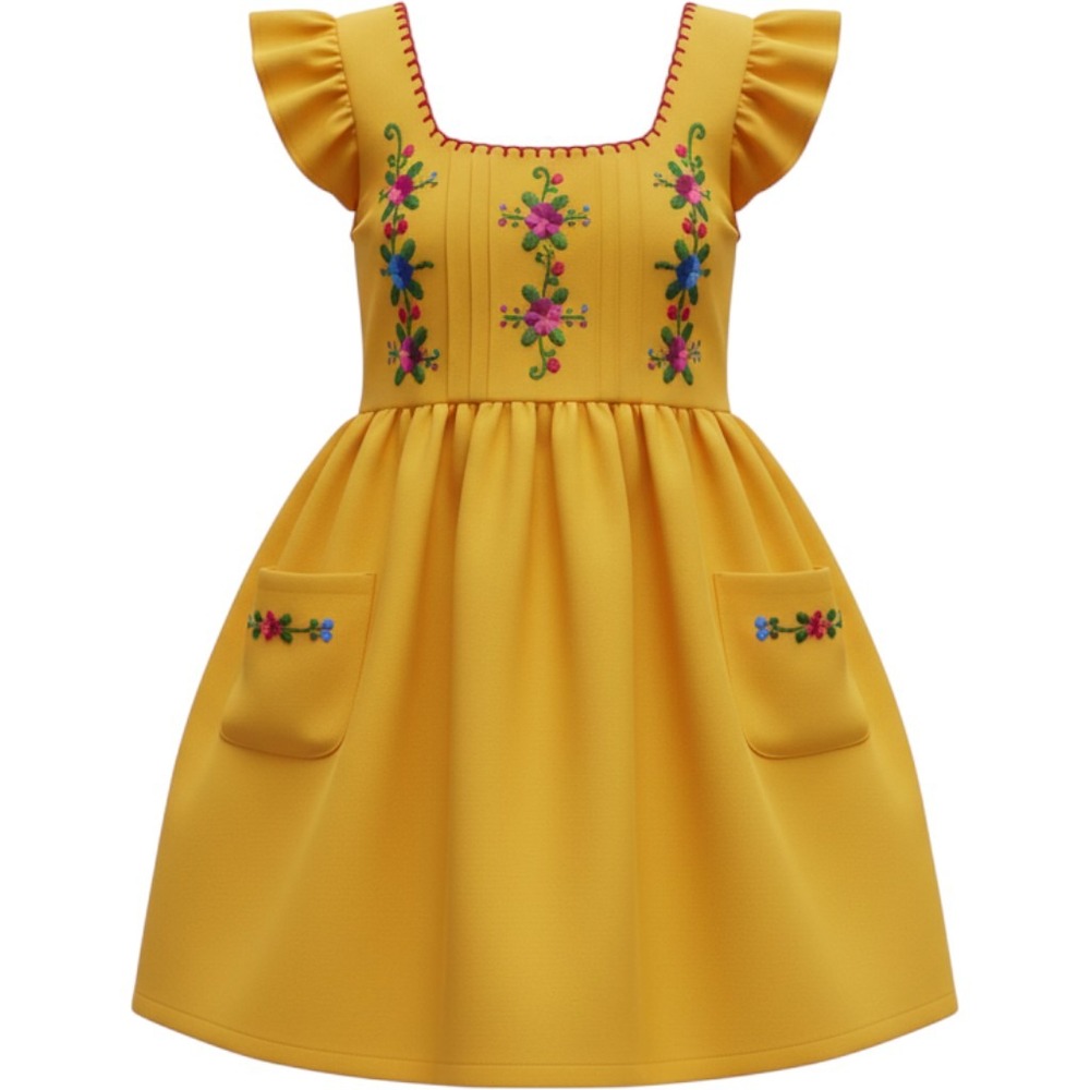 Unbranded Embroidered Floral Dress Toddler Yellow Boho Ruffle Sleeve Pocket